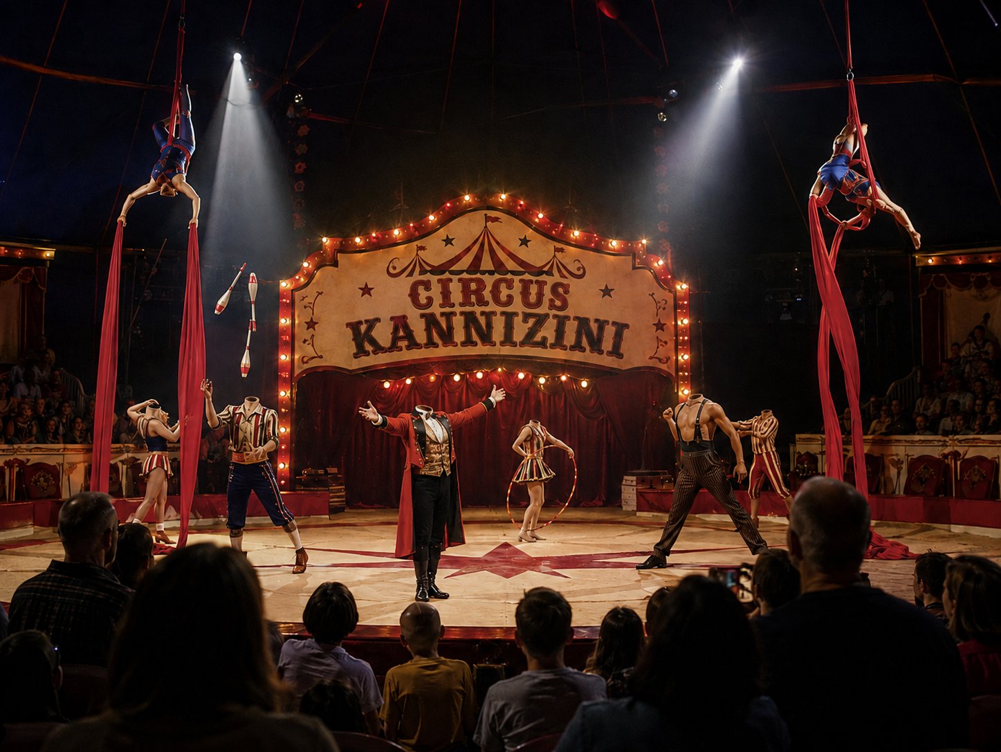 Circuspiste met hoofdloze artiesten en publiek onder de spotlights