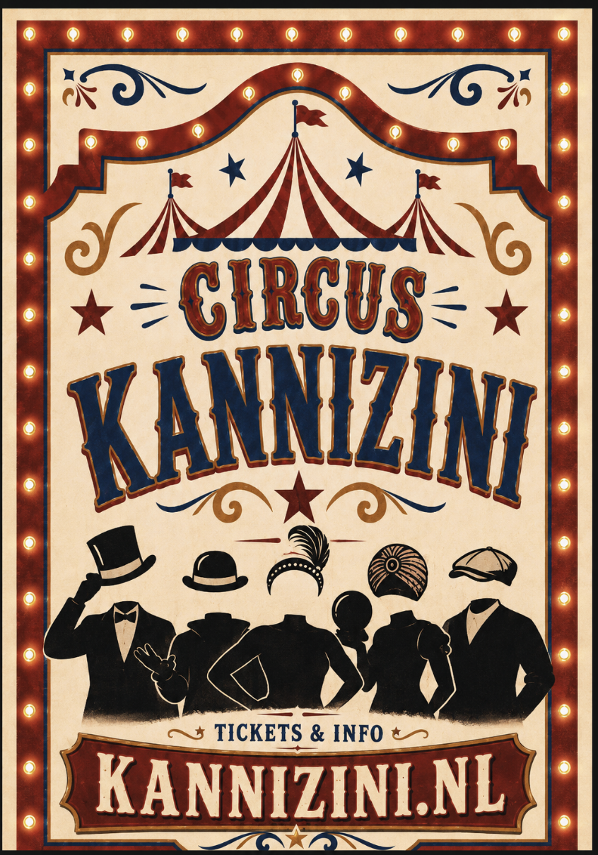 De hoofdloze artiesten van Circus Kannizini met hoge hoeden en hoofddeksels